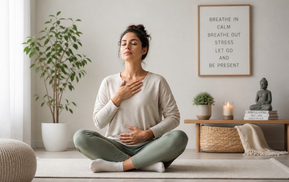 Person sitting calmly in a quiet space, practicing deep breathing to manage stress and regain mental balance.