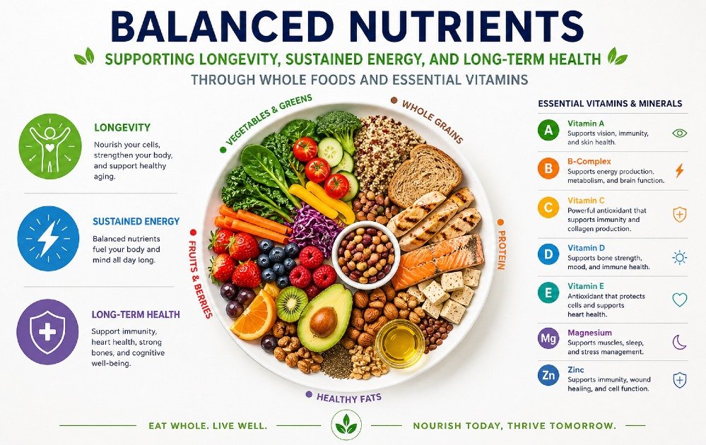Balanced nutrients supporting longevity, sustained energy, and long-term health through whole foods and essential vitamins