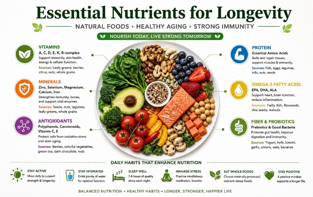 Balanced visual of essential nutrients for longevity, highlighting natural foods that support healthy aging and strong immunity.