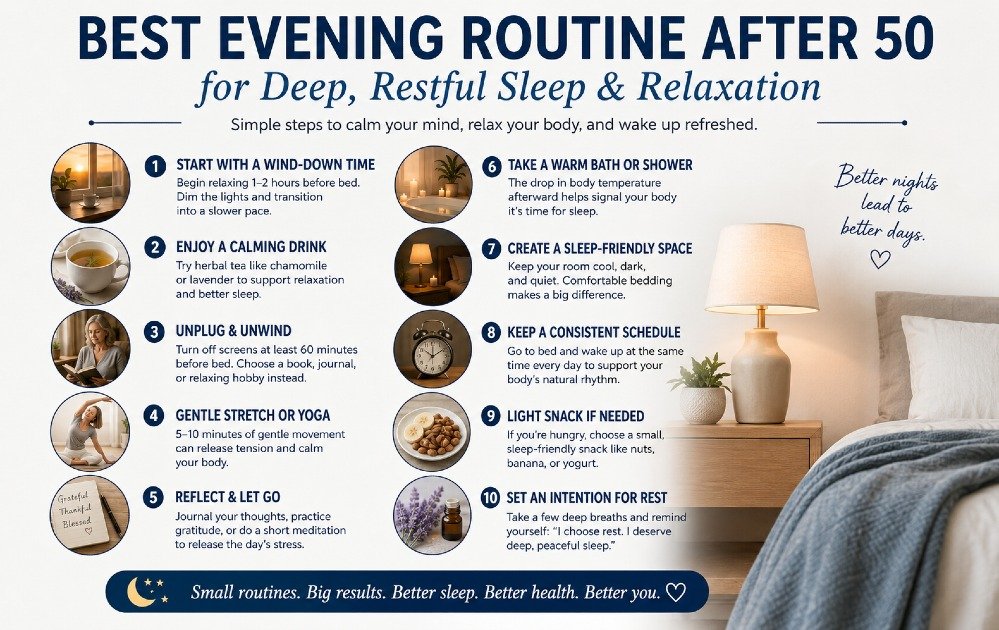 Evening routine steps for adults over 50 promoting deep, restful sleep and relaxation before bedtime
