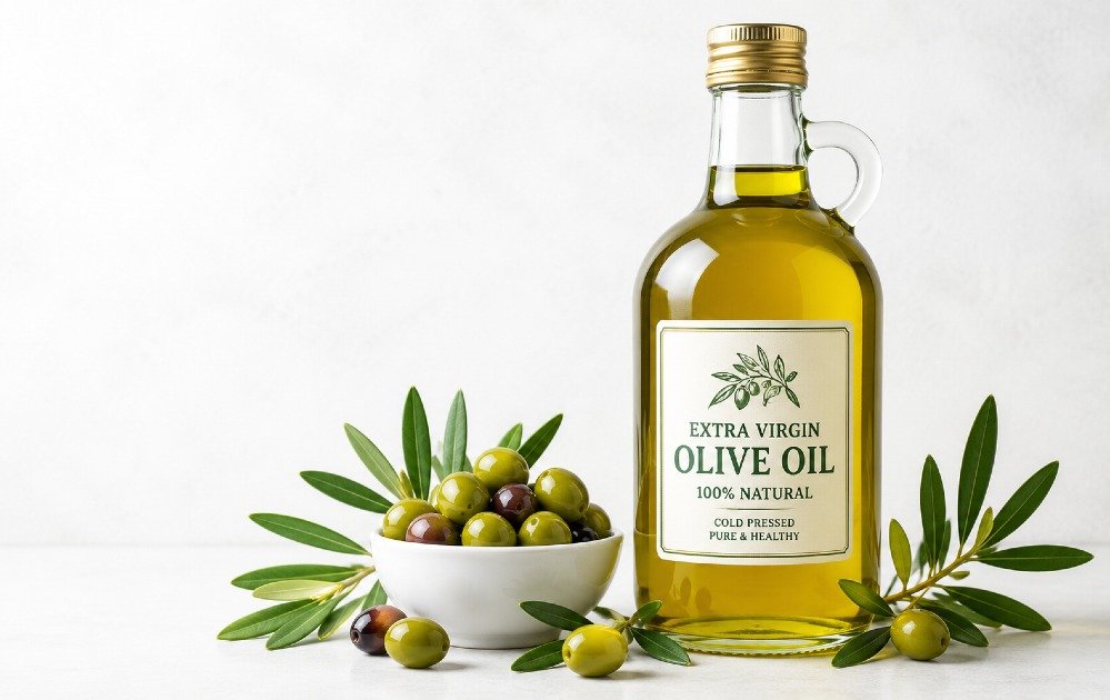Extra virgin olive oil in a glass bottle with fresh olives, symbolizing healthy natural cooking oil.