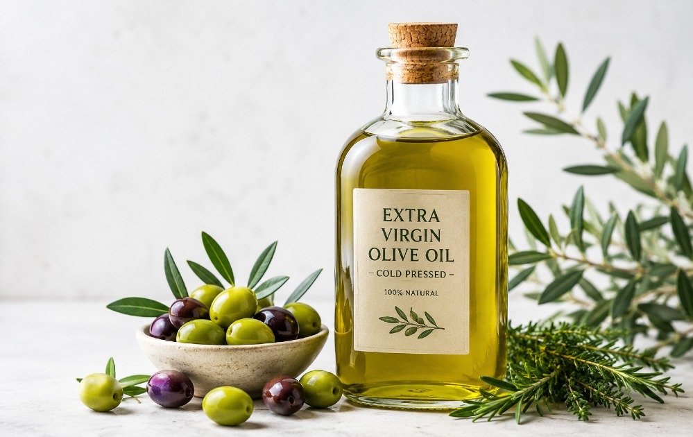 Extra virgin olive oil in a glass bottle with fresh olives and herbs