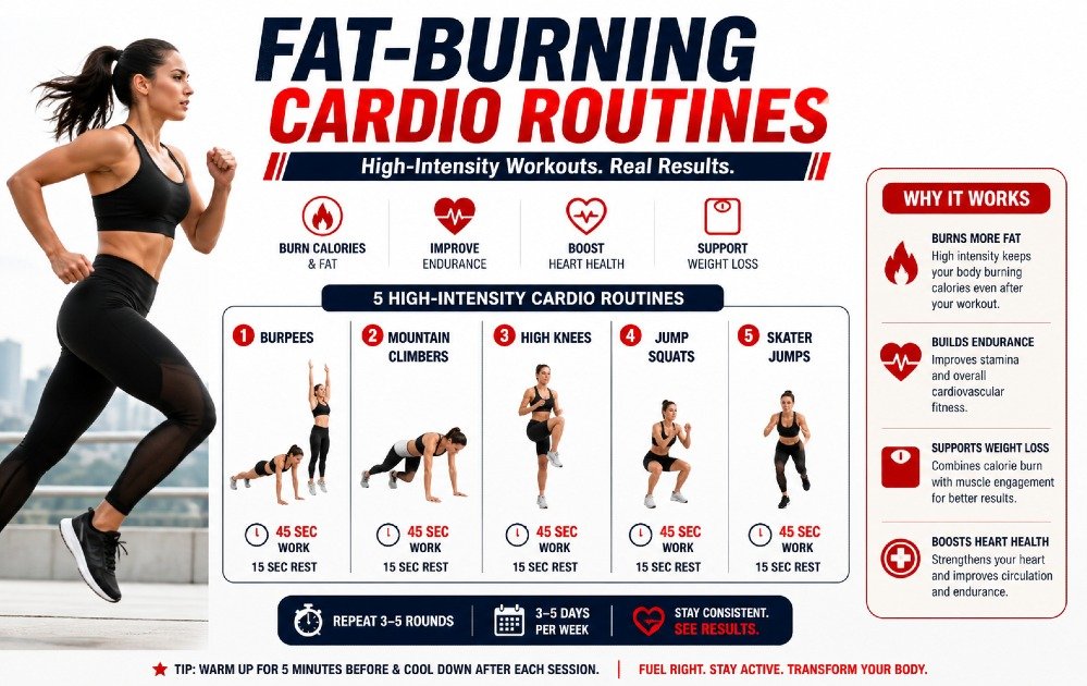 High-intensity fat burning cardio routines designed to support weight loss, improve endurance, and boost heart health.