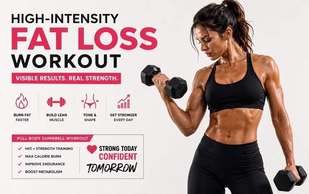 Woman performing a high-intensity fat loss workout with dumbbells for visible body transformation and strength gains