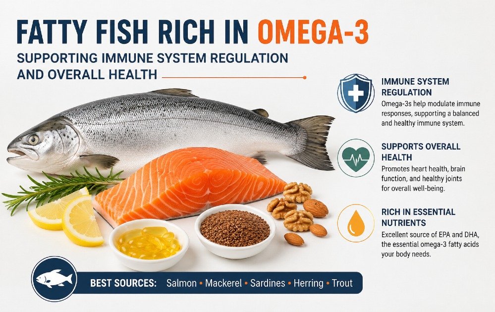 Fatty fish rich in omega-3 supporting immune system regulation and overall health