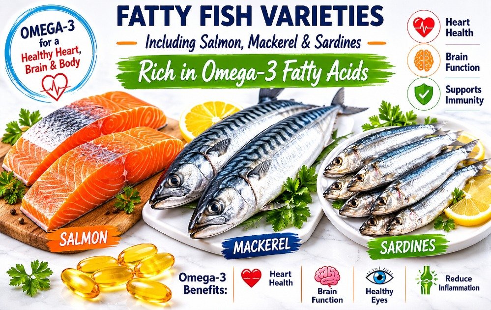 Fatty fish varieties including salmon, mackerel, and sardines rich in omega-3 fatty acids