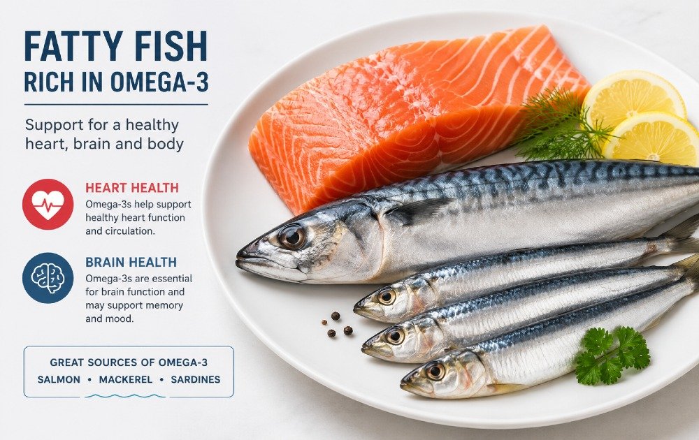 Fatty fish rich in omega-3 fatty acids such as salmon, mackerel, and sardines arranged on a clean plate for a healthy diet.