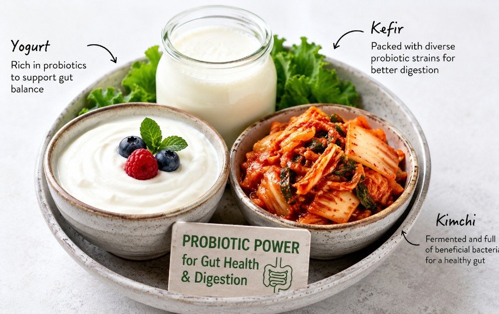 Bowl of fermented foods including yogurt, kefir, and kimchi rich in probiotics for gut health and digestion.