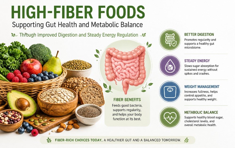 High-fiber foods supporting gut health and metabolic balance through improved digestion and steady energy regulation.