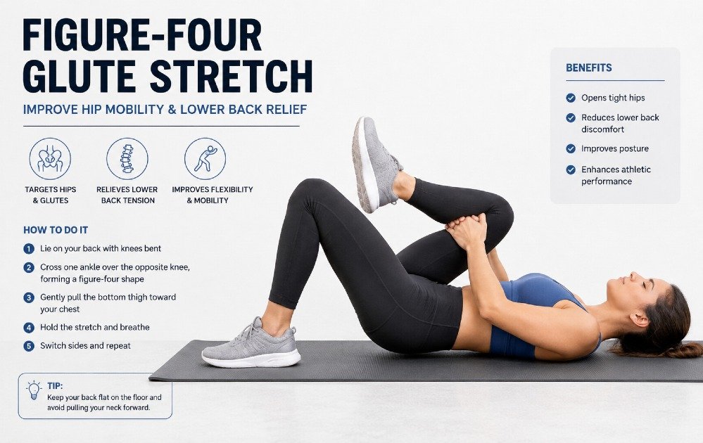 Figure-four glute stretch targeting hips and lower back for improved flexibility and muscle recovery.