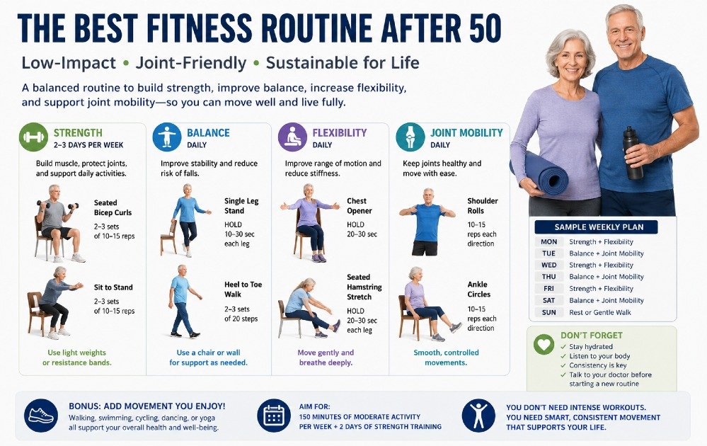 Low-impact fitness routine for adults over 50 focused on strength, balance, flexibility, and joint mobility.