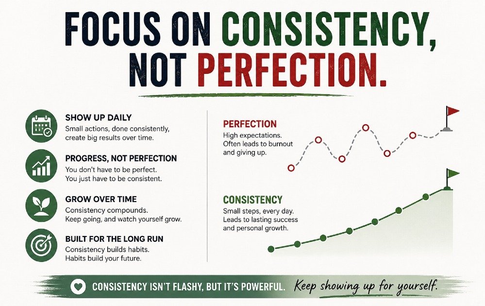 A motivational message emphasizing the importance of consistency over perfection for long-term success and personal growth.