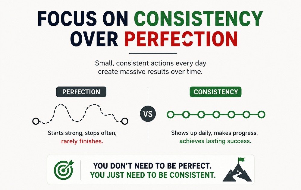 Focused reminder that consistency matters more than perfection in building long-term success habits.