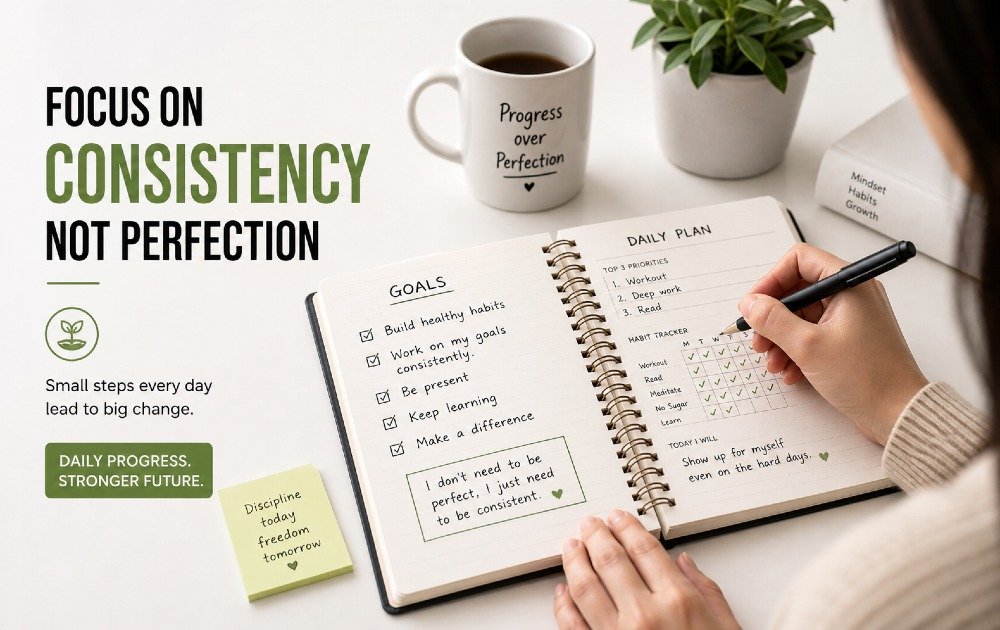 Focused person writing goals in a planner, symbolizing consistency over perfection in personal growth and productivity.