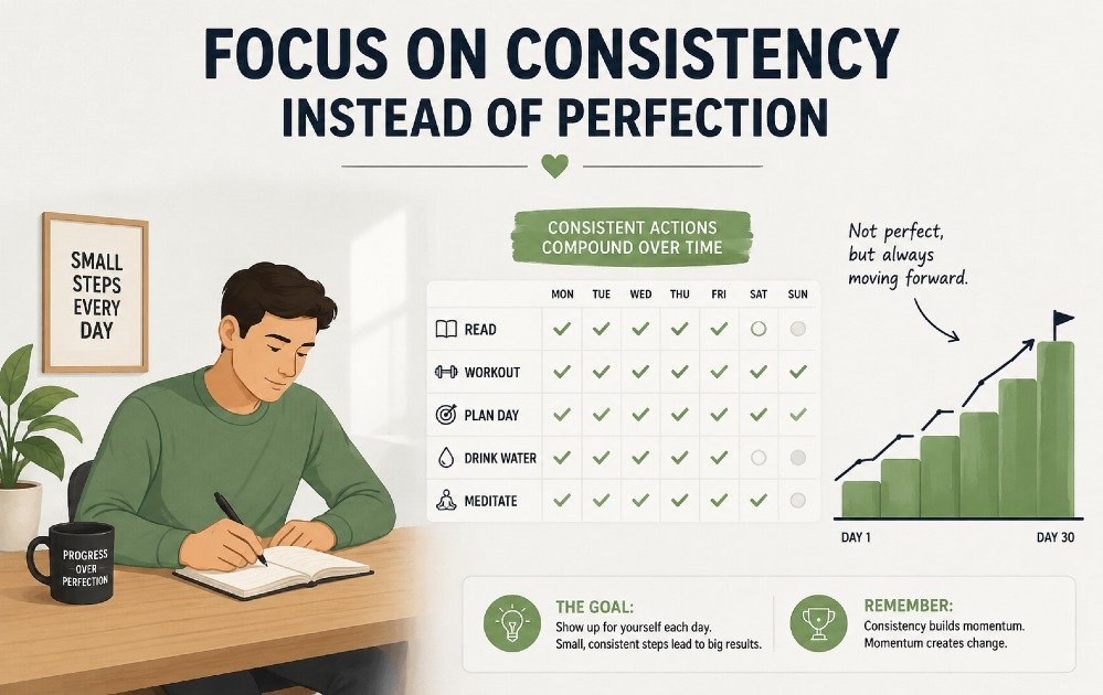 Person staying consistent with daily tasks and progress, focusing on steady effort instead of perfection