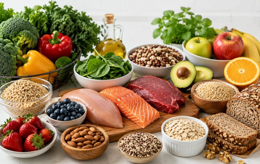 Fresh whole foods including vegetables, fruits, grains, and lean proteins arranged on a clean kitchen table for healthy everyday eating.