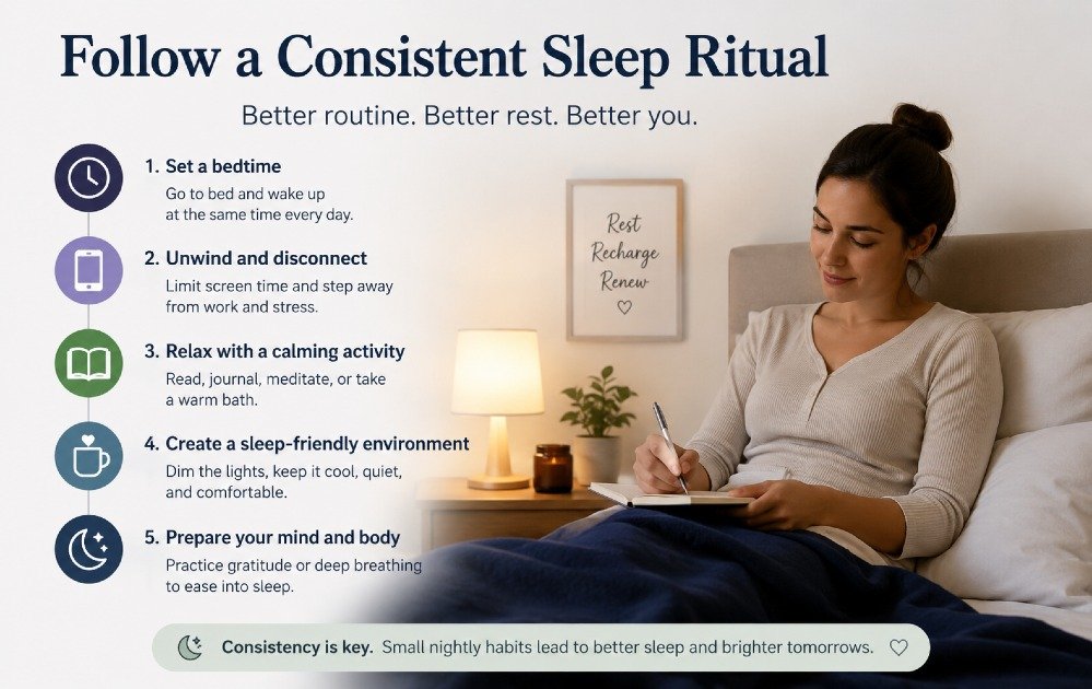 Person winding down at night by following a calm, consistent sleep routine to improve rest and sleep quality.