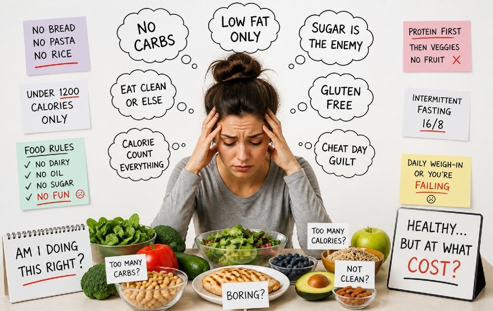 Person overwhelmed by strict diet rules while trying to choose healthy foods, illustrating the pressure of following rigid diet trends.