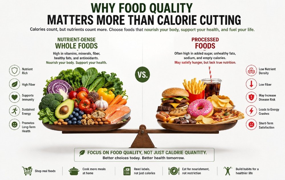 Balanced illustration of nutrient-dense whole foods versus processed foods highlighting the importance of food quality over calorie counting