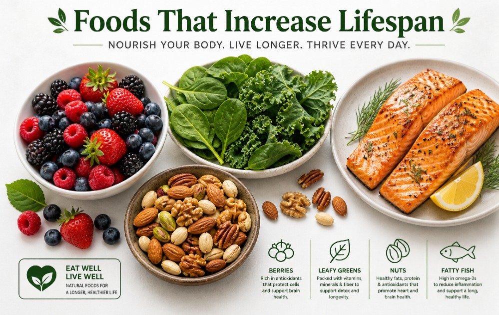 Healthy longevity foods including berries, leafy greens, nuts, and fatty fish arranged to promote longer life and better health.
