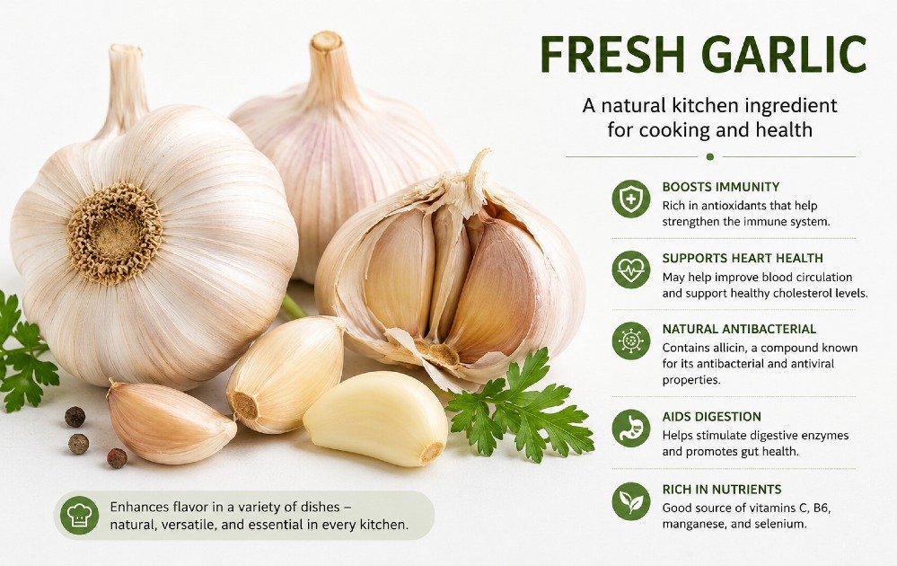 Fresh garlic bulbs with cloves, natural kitchen ingredient used for cooking and health benefits