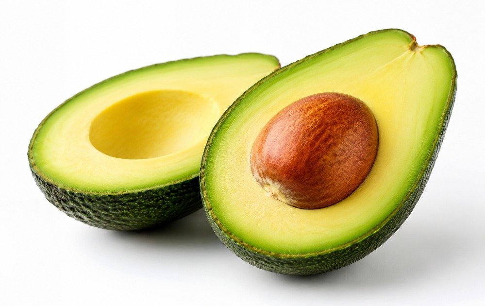 Fresh ripe avocados cut open revealing creamy green flesh and a single large seed on a clean background