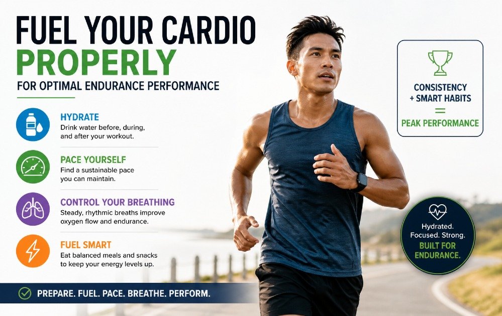Athletic individual maintaining steady cardio workout with proper hydration, pacing, and controlled breathing for optimal performance.