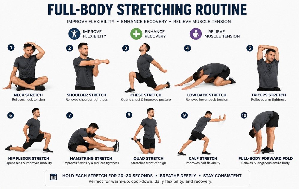 Person performing full-body stretching routine for flexibility, recovery, and muscle relief