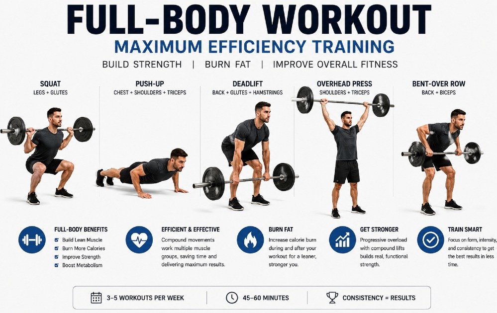 Person performing a full body workout with compound exercises to build strength, burn fat, and improve overall fitness efficiently.
