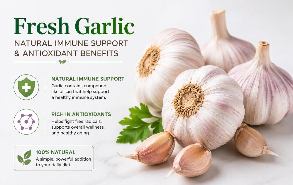 Fresh garlic bulbs highlighting natural immune support and antioxidant benefits