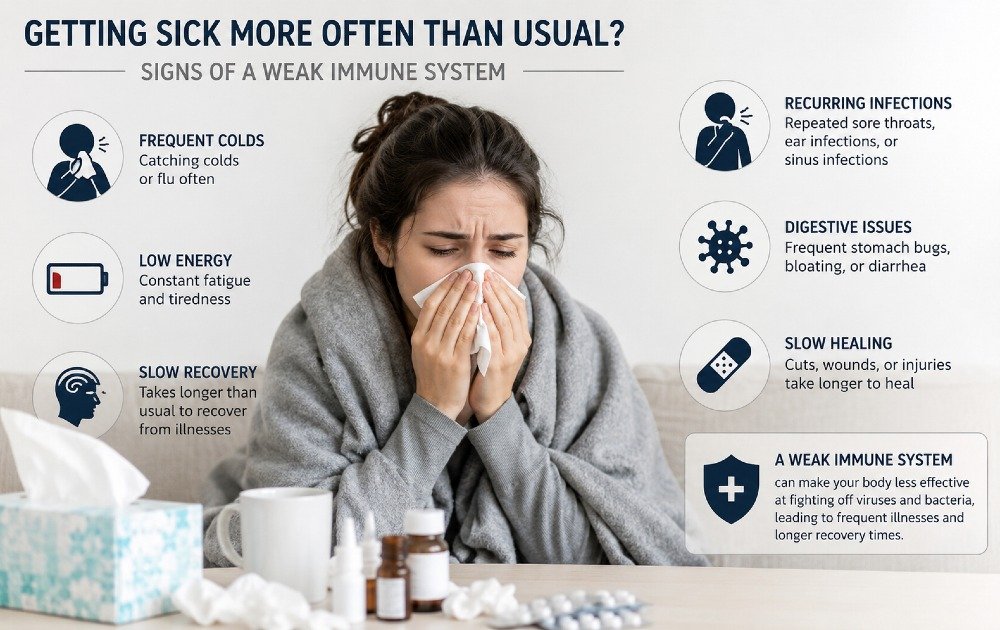 Person showing signs of frequent illness, highlighting weakened immunity and recurring sickness.