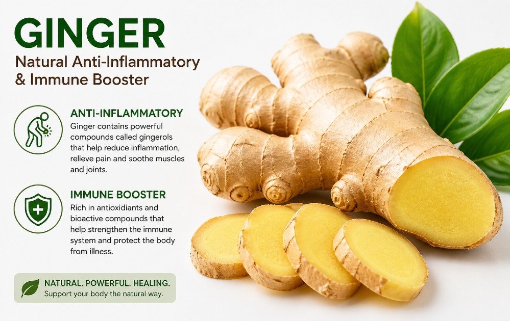 Fresh ginger root with sliced pieces highlighting its natural anti-inflammatory and immune-boosting properties.