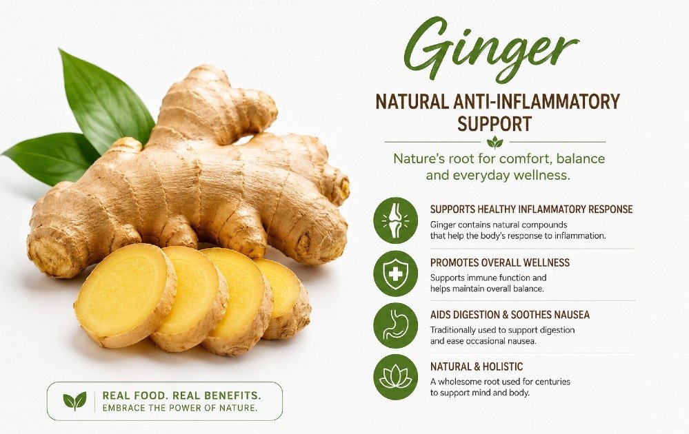 Fresh ginger root highlighting natural anti-inflammatory support and wellness benefits.