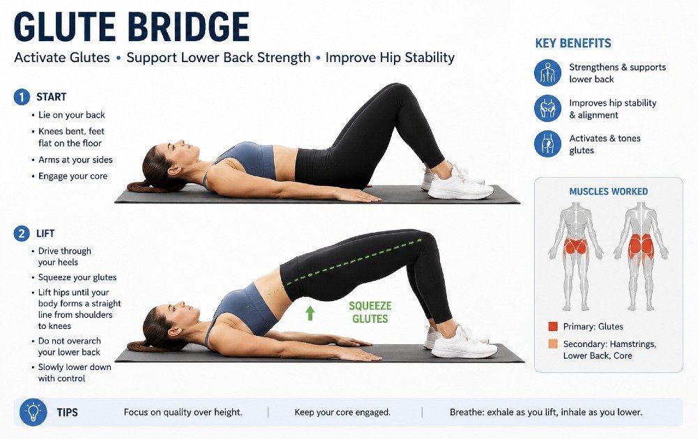 Glute bridge exercise activating glutes and supporting lower back strength and hip stability