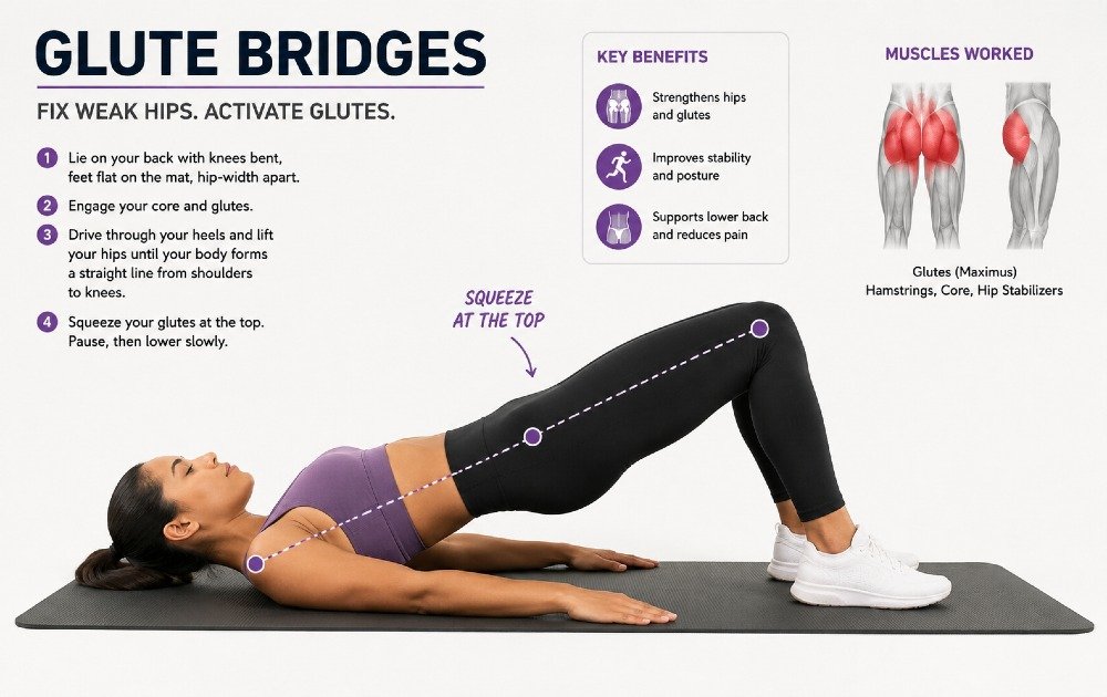 Person performing glute bridge exercise on a mat to strengthen hips and activate glute muscles.