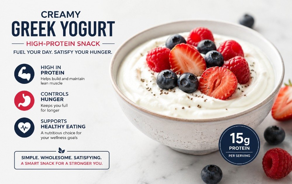 Creamy Greek yogurt in a bowl topped with fresh berries, highlighting a high-protein snack that helps control hunger and support healthy eating.
