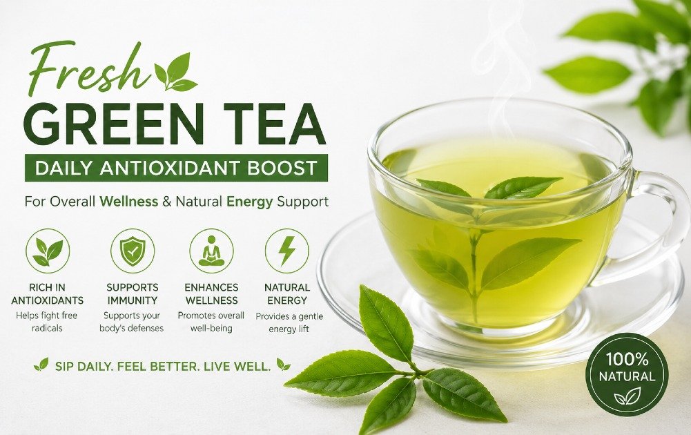 Fresh green tea in a cup representing a daily antioxidant boost for overall wellness and natural energy support.