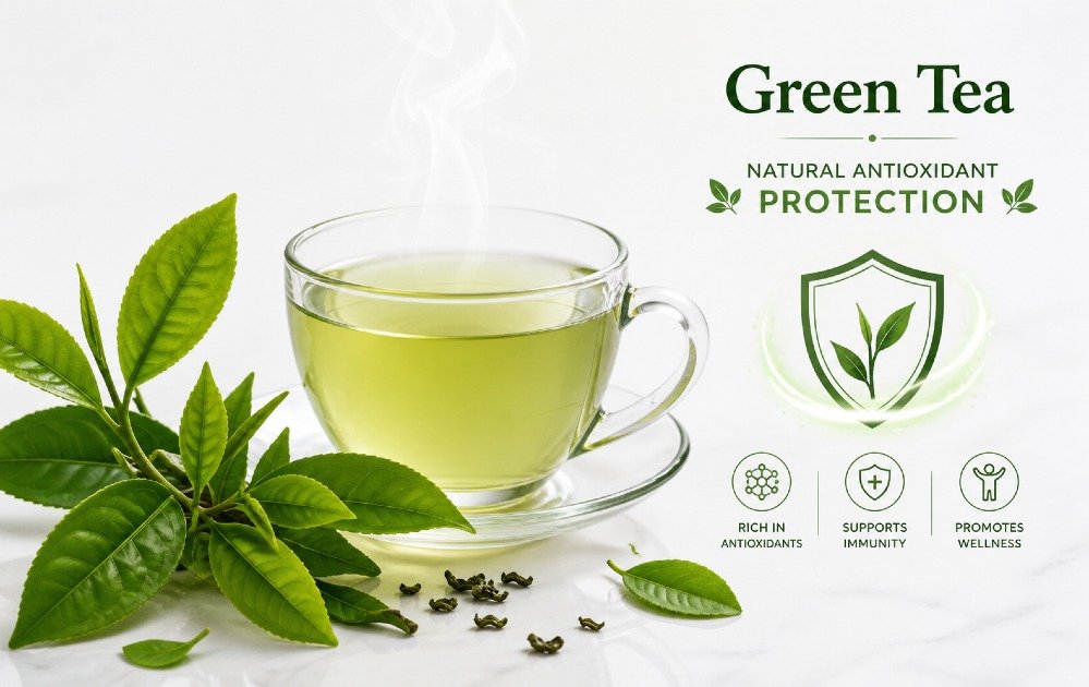 Fresh green tea leaves and a steaming cup symbolizing natural antioxidant protection and wellness support.