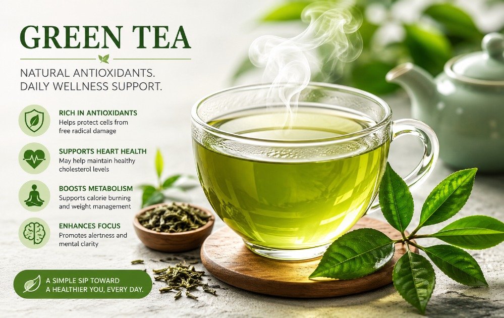 Steaming cup of green tea in a calm setting, symbolizing natural antioxidants and daily wellness support.