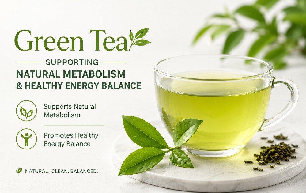 Green tea in cup supporting natural metabolism and healthy energy balance