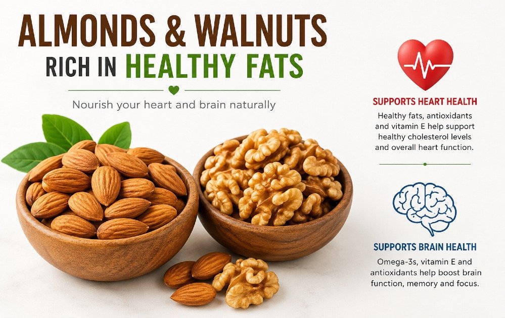 Almonds and walnuts rich in healthy fats supporting heart and brain health