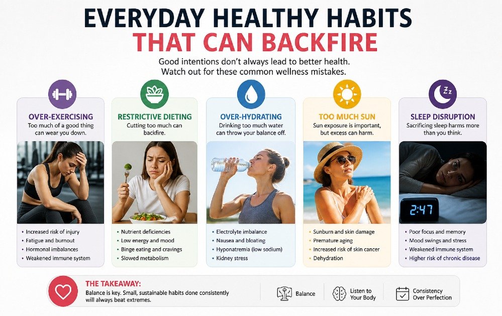 Everyday healthy habits that can backfire, showing common wellness mistakes like over-exercising, restrictive dieting, and sleep disruption.