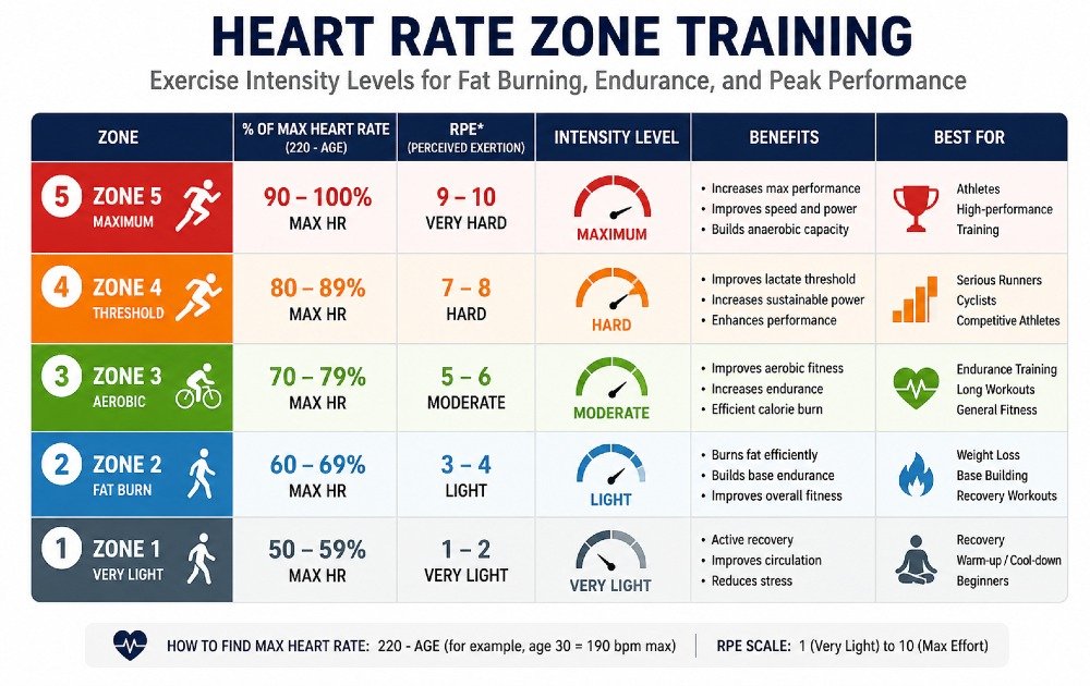 Heart rate zone training chart showing exercise intensity levels for fat burning, endurance, and peak performance.