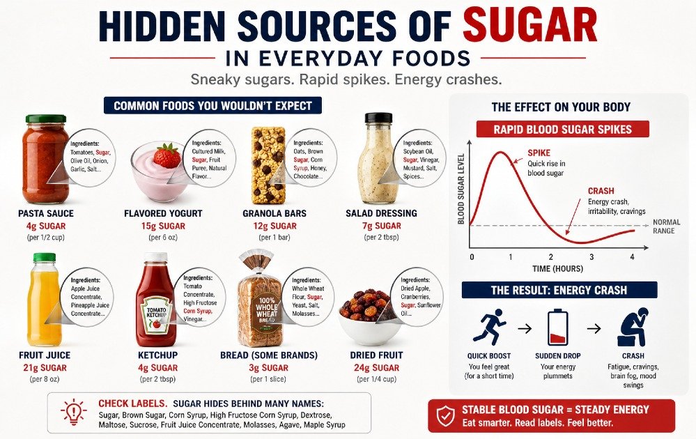 Hidden sources of sugar in everyday foods causing rapid blood sugar spikes and energy crashes.