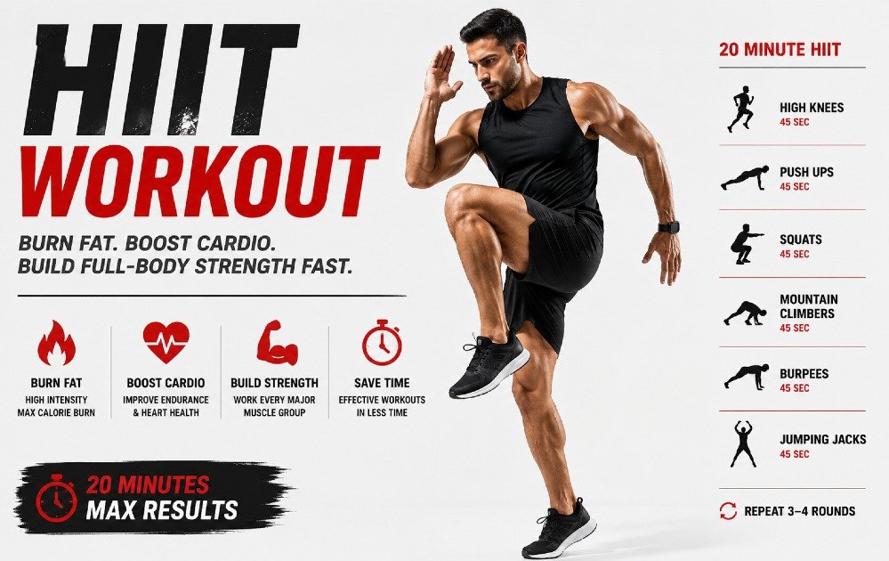Person doing a high-intensity HIIT workout to burn fat, boost cardio fitness, and build full-body strength fast.