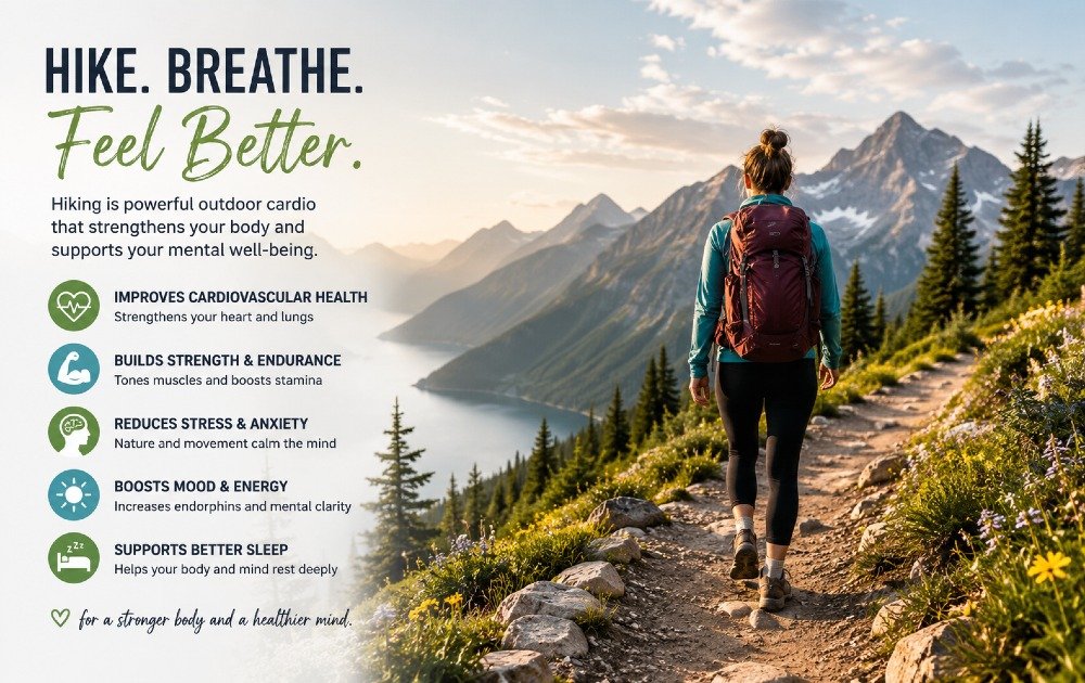 Person hiking on a scenic trail, engaging in outdoor cardio that supports physical fitness and mental well-being.