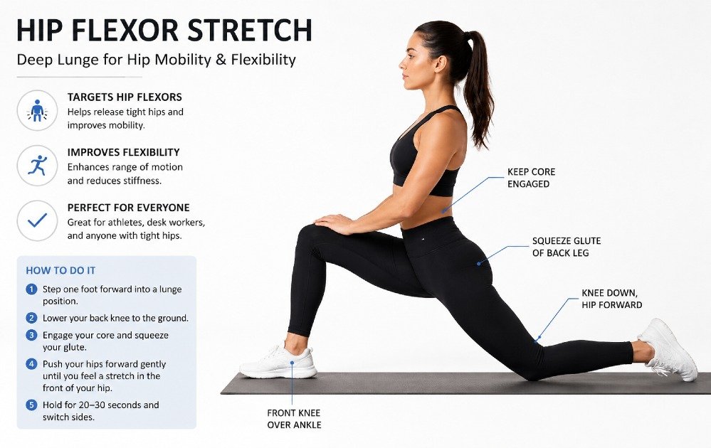 Hip flexor stretch demonstrating a deep lunge position to release tight hips and improve flexibility.