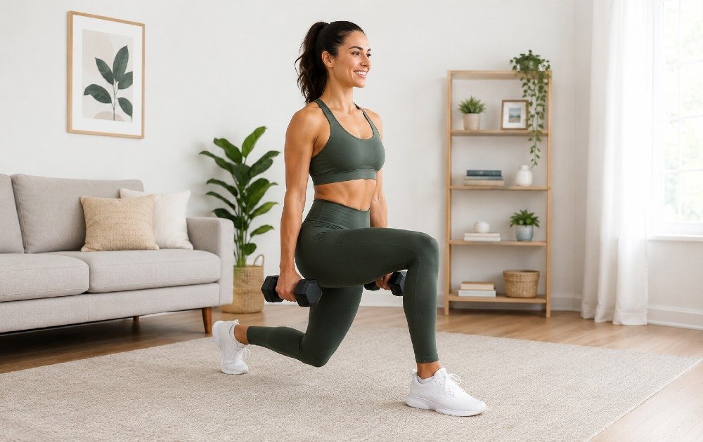 Person doing a full-body home workout with dumbbells in a clean living room without gym equipment.