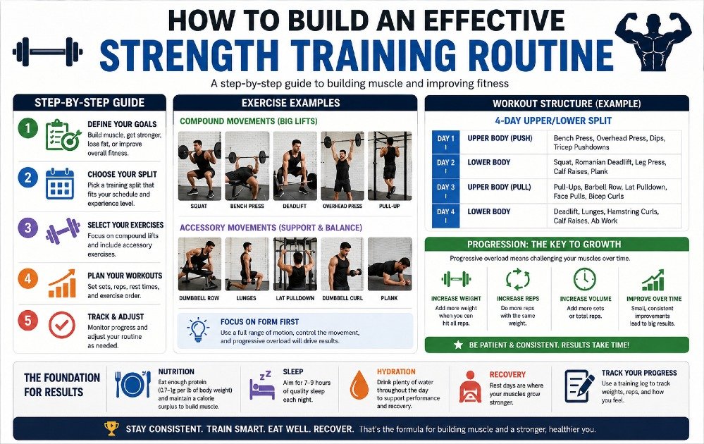 Step-by-step strength training routine guide showing exercises, structure, and progression for building muscle and improving fitness.