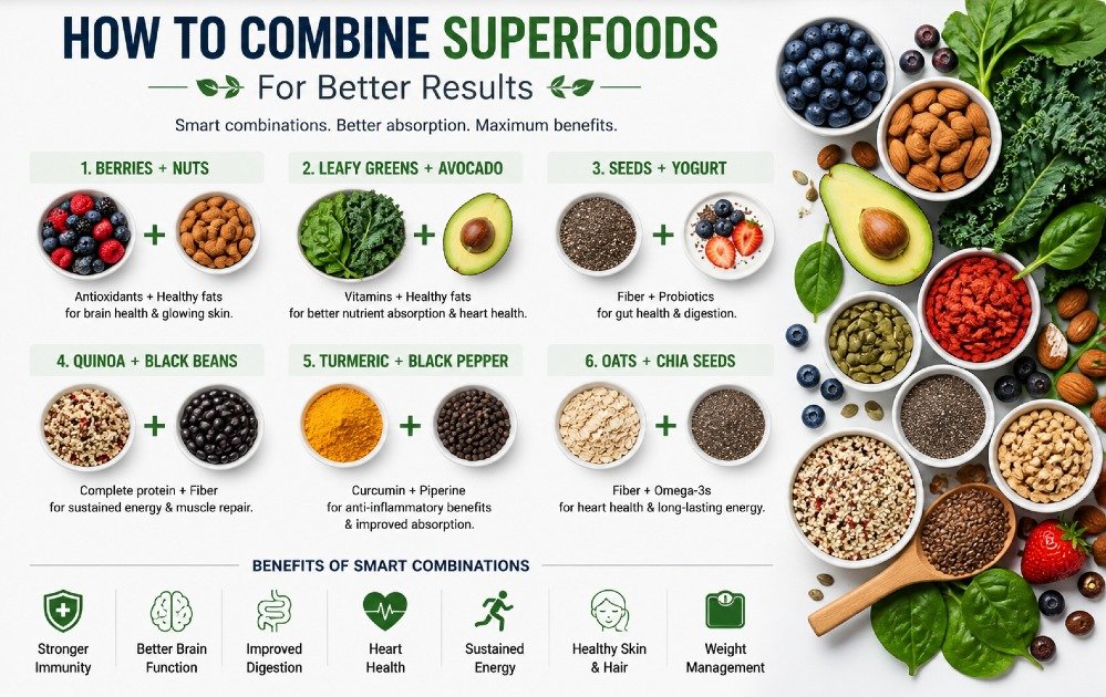 Assortment of nutrient-rich superfoods like berries, leafy greens, nuts, seeds, and grains arranged to show balanced nutrition combinations for improved health benefits.